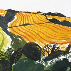 an abstract painting of yellow and green hills with trees in the foreground, on white paper