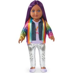 an american girl doll with purple hair and blue eyes, wearing silver pants and a rainbow scarf