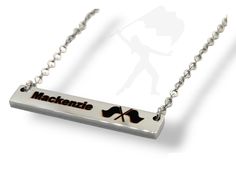 a necklace with the name and two crossed swords on it's side, hanging from a silver ball chain