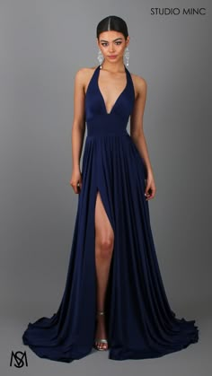 Flowing Navy Blue Formal Dress with High Leg split, V Plunge Neckline, and Fitted waistline suitable as a Prom Dress or Black Tie Evening Dress by STUDIO MINC Prom Dresses Navy Blue Sparkle, Flowy Formal Dress, Midnight Blue Prom Dresses, Matric Ball Dresses, Matric Dress, Navy Blue Formal Dress, Navy Blue Prom Dress, Navy Blue Prom Dresses, V Dress