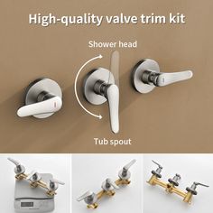 four different types of faucets and handles on a wall with text describing how high - quality valve trim kit is