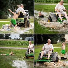 four pictures of a man riding a lawn mower with his son and daughter in the water