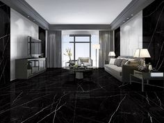 a living room with black marble floors and walls