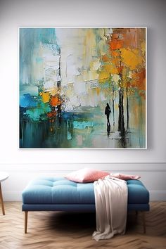 Original handmade abstract cityscape painting with lone figure and trees, using bold textures and colors like teal, yellow and orange Abstract Cityscape Painting, Abstract Cityscape, Teal Yellow, Large Canvas Wall Art, Acrylic Ink, Cityscape Painting, Unique Paintings, Zentangle Art, Palette Knife