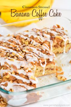 a banana coffee cake with white icing on top