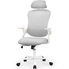 a white office chair with wheels on the back and seat upholstered to the side