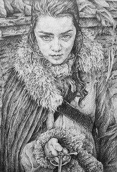 a pencil drawing of a woman holding a sheep in her hands and looking at the camera