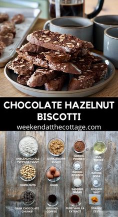 chocolate hazelnut biscotti recipe on a plate with ingredients to make it in the background