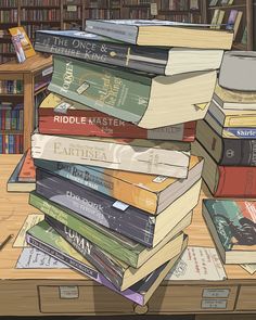 a pile of books sitting on top of a wooden table next to a book shelf