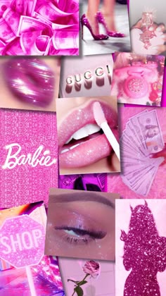 a collage of pink and purple images with the words barbie on them, including lipstick,