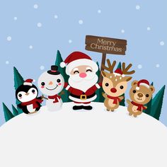 a group of christmas animals standing next to a sign