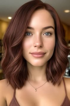 Copper-Tinted Mahogany Chestnut, fall hair colour idea Hair Colour Mahogany, Cool Tone Copper Hair Color, Brown Hair Mahogany Highlights, Auburn Gloss Hair, 5rb Hair Color, Short Bronze Hair, Fall Hair For Brown Eyes, Mahogany Chestnut Hair Color, Slightly Red Brown Hair