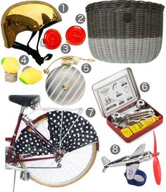 the contents of a bicycle are shown in this image, including an umbrella, helmet, and other items