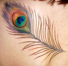 a colorful peacock feather tattoo on the back of a woman's shoulder and chest