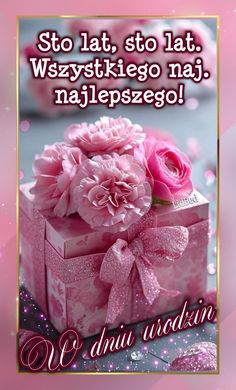 a birthday card with pink flowers in a gift box and the words, so lat,