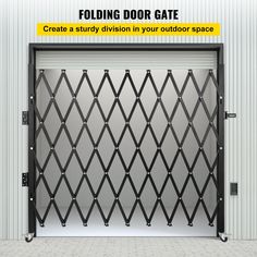 an open gate with the words folding door gate create a study division in your outdoor space