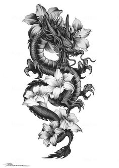 a drawing of a dragon with flowers on it