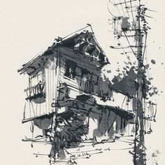 black and white drawing of a house on the corner with power lines in the background