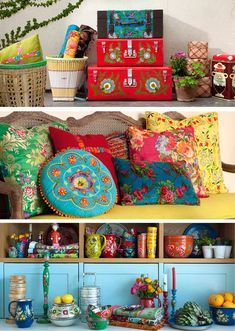 the shelves are filled with colorful pillows and other decorative items, including vases and baskets