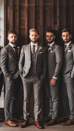 stylish groomsmen Groomsmen Attire Aesthetic, Formal Wedding Party Attire, Elegant Wedding Party Attire, Groomsmen Attire Colors, Wedding Suits Groom And Groomsmen, Charcoal Suits Groomsmen, Tuxedo Colors For Wedding, Moss Green Groomsmen Attire, Charcoal Groomsmen Suits Color Schemes