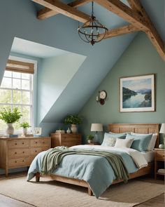 a bedroom with blue walls and wooden furniture