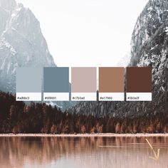 the color palette is different shades of brown, blue, and grey on this mountain lake