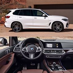 the inside and outside view of a white bmw suv