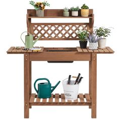 a potting bench with gardening tools on it