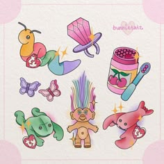 an image of stickers on the back of a card with animals and other things