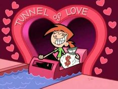 a cartoon character is riding on a boat with money in its trunk and the words tunnel of love above it