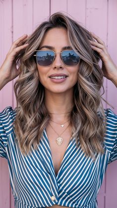 Trendy Summer Hair Color 2024, Fun Hair Color Ideas For Brunettes, Medium Blonde Balayage, Haircuts With Long Layers, Lived In Balayage, Deep Brunette, Ash Balayage, Summer Haircut, Striped Outfit