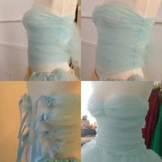 four different pictures of a dress made from tulle and satin material, including the bustle