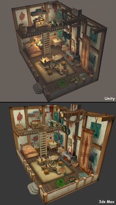 two views of the inside and outside of a dollhouse with furniture in each room