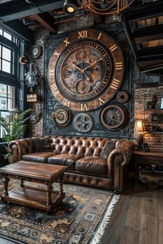 a living room filled with furniture and a large clock on the wall