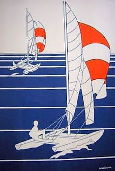 an image of two sailboats in the ocean with blue and red stripes on it