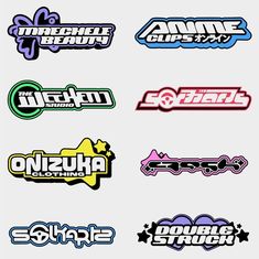 six different stickers with the names of various brands and colors, all on white background