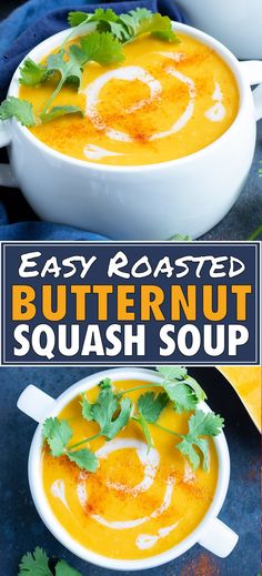 two white bowls filled with butternut squash soup