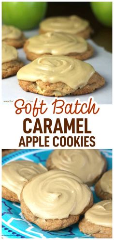 soft batch caramel apple cookies on a blue plate with apples in the background and text overlay that reads soft batch caramel apple cookies