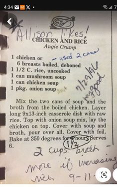 a recipe book with chicken and rice written in cursive writing on the page