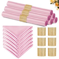 pink napkins with gold sequins and flowers on the side, set of 10