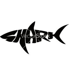 a black and white silhouette of a shark with the word shark in it's mouth