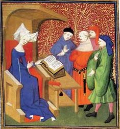 an image of a medieval scene with people in the middle and one woman reading from a book