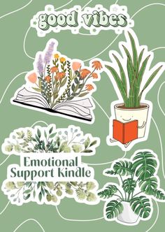 some stickers with plants and books on them