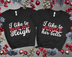 I like to ride his sleigh and I like to jingle her bells shirts. These funny Christmas t-shirts are perfect for wearing as matching couples tees this Christmas. Buy it for yourself or give it as the perfect funny couple gift.  ⭐️Festive shirts only, no pants included. ⭐️ Couples Christmas shirts, Matching Couples Christmas shirt, Mom Dad Christmas party, Couples Christmas Pajamas, Funny Couples Xmas shirts Sizing:  Before ordering please check our size chart (last picture of the listing) for mea Couple’s Christmas Pajamas, Xmas Couple, Funny Christmas Tshirts, Couple Tees, Garment Industry, Festival Shirts, Xmas Shirts, Funny Couples, Christmas Couple