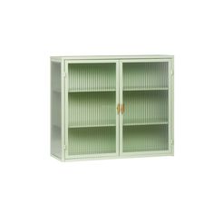 a green metal cabinet with two doors on the front and one door open to reveal an empty shelf