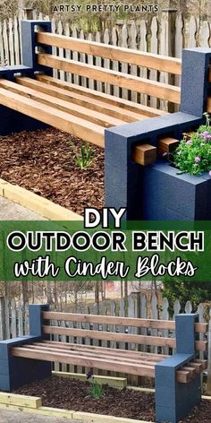 an outdoor bench made out of cinder blocks with plants growing in it and the text overlay reads diy outdoor bench with cinder blocks