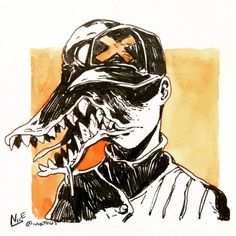 a drawing of a man wearing a baseball cap with an alligator's mouth