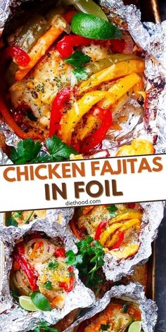 chicken fajitas in foil packets with text overlay