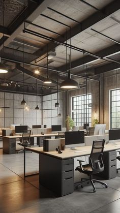 an empty office with desks and chairs in the middle of it, surrounded by large windows