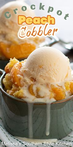 two bowls filled with ice cream and peach cobbler